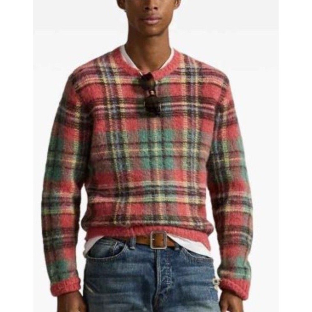 Vtg POLO Ralph Lauren Plaid Sweater Leather Elbow Patches Size Medium Wool Camel